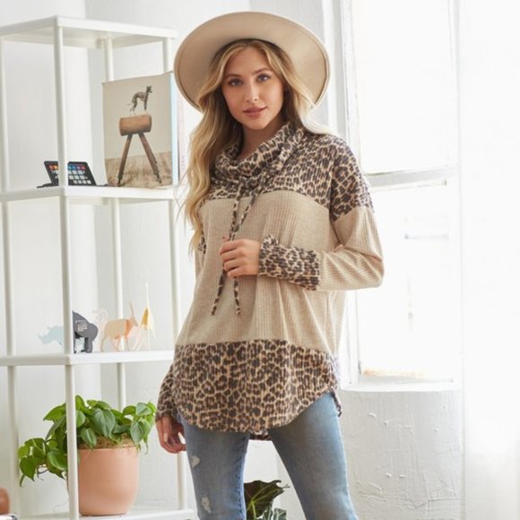 Tops - *ONLY 1 LEFT*   Cowl Neck Waffle Shirt Animal Print Colorblock
